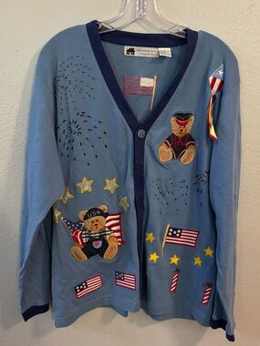 VTG Women's Storybook Knits Patriotic Teddy Bears USA Cardigan 1X
